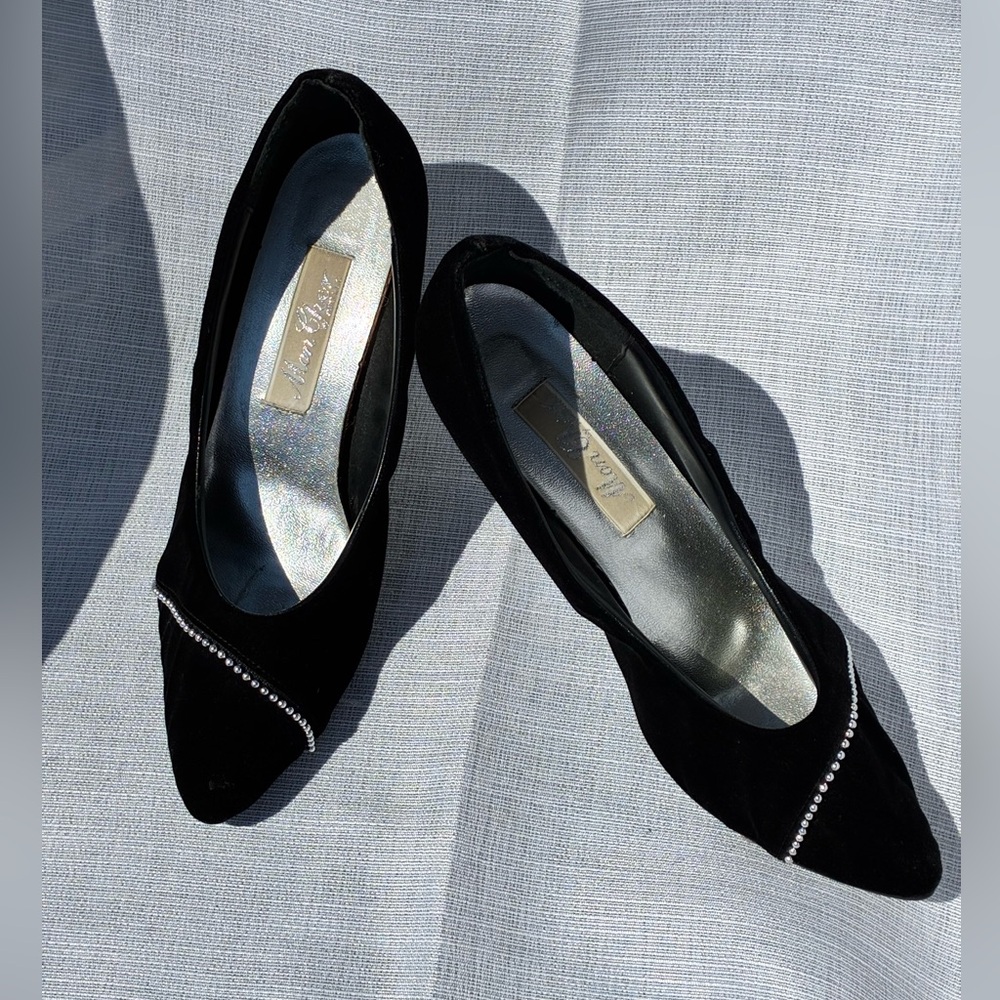 Black Velvet Heels with Rhinestone Accent